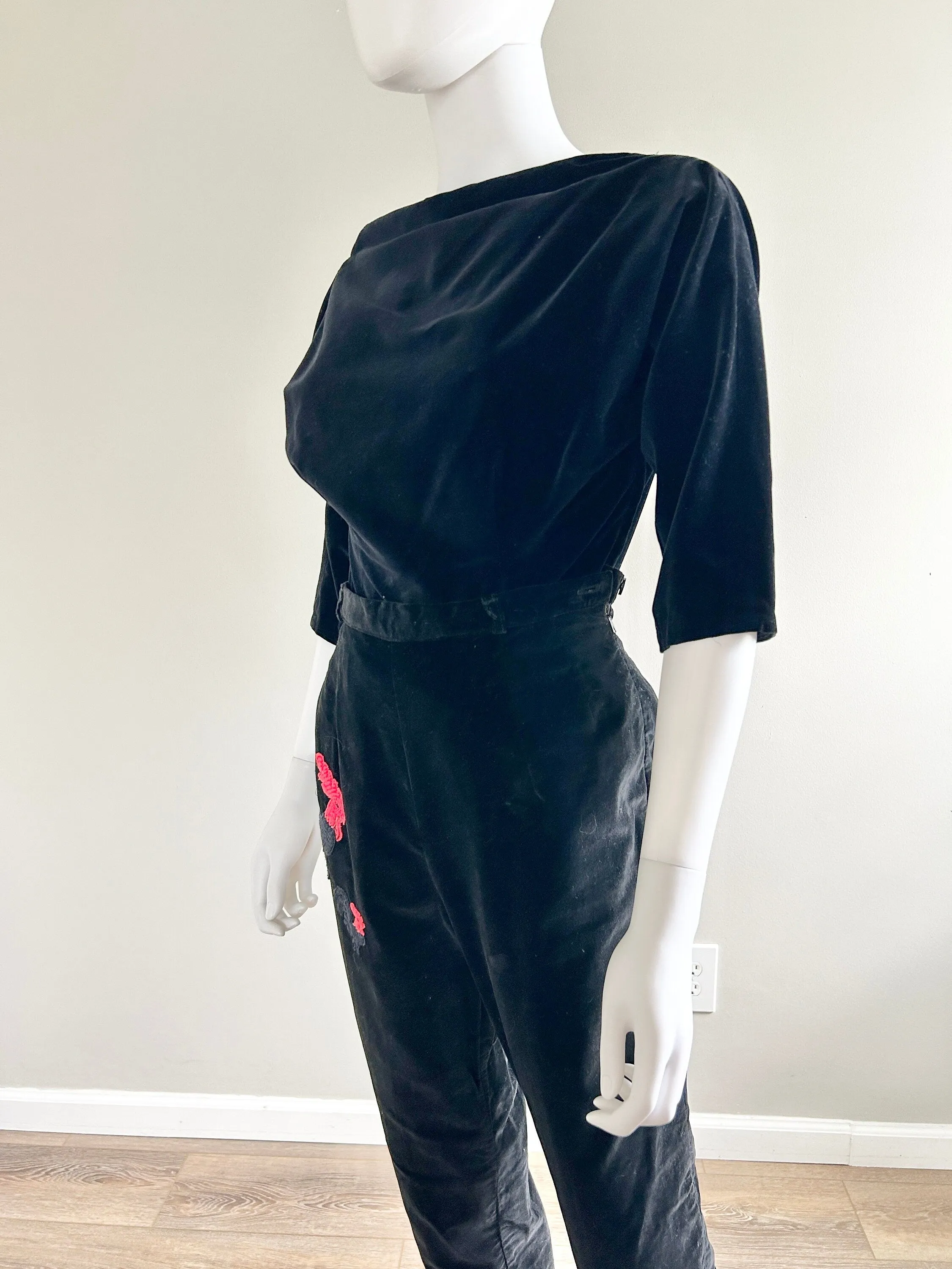 1950s Black Velvet Cigarette Pants and Blouse / 50s Vintage High Waisted Pants and Top / Size XS