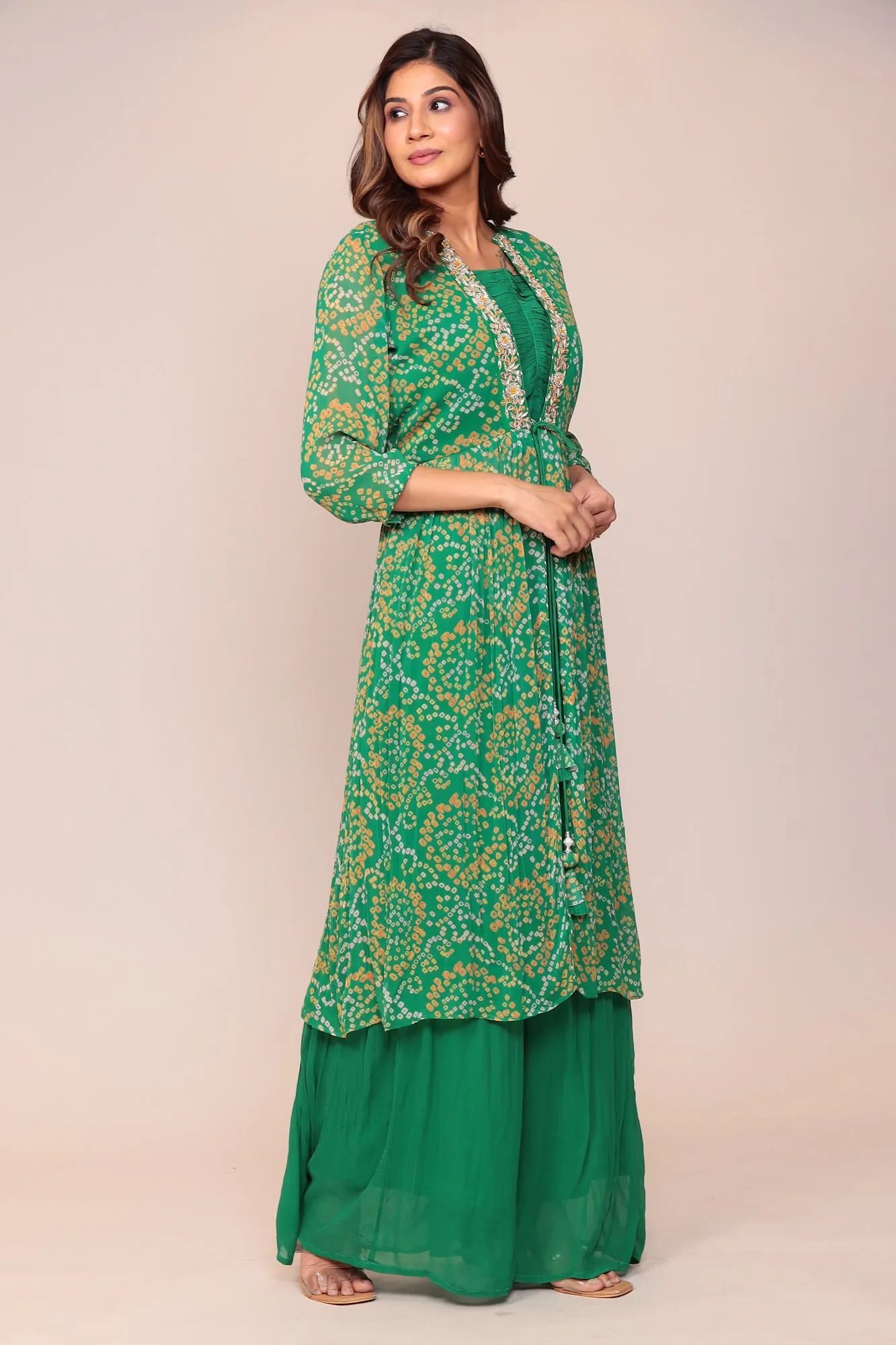 Bandhej Georgette Jacket Style Suit with Gota Patti and Thread work.