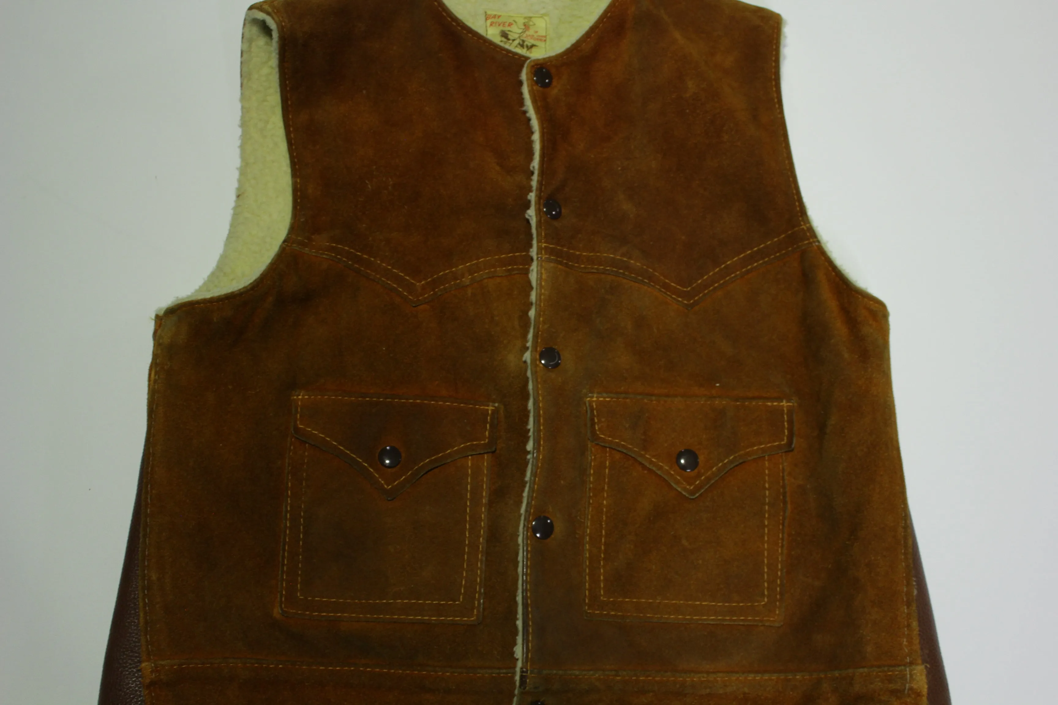 Bay River of San Jose California Vintage 60's Suede Leather Wool Sherpa Lined Vest