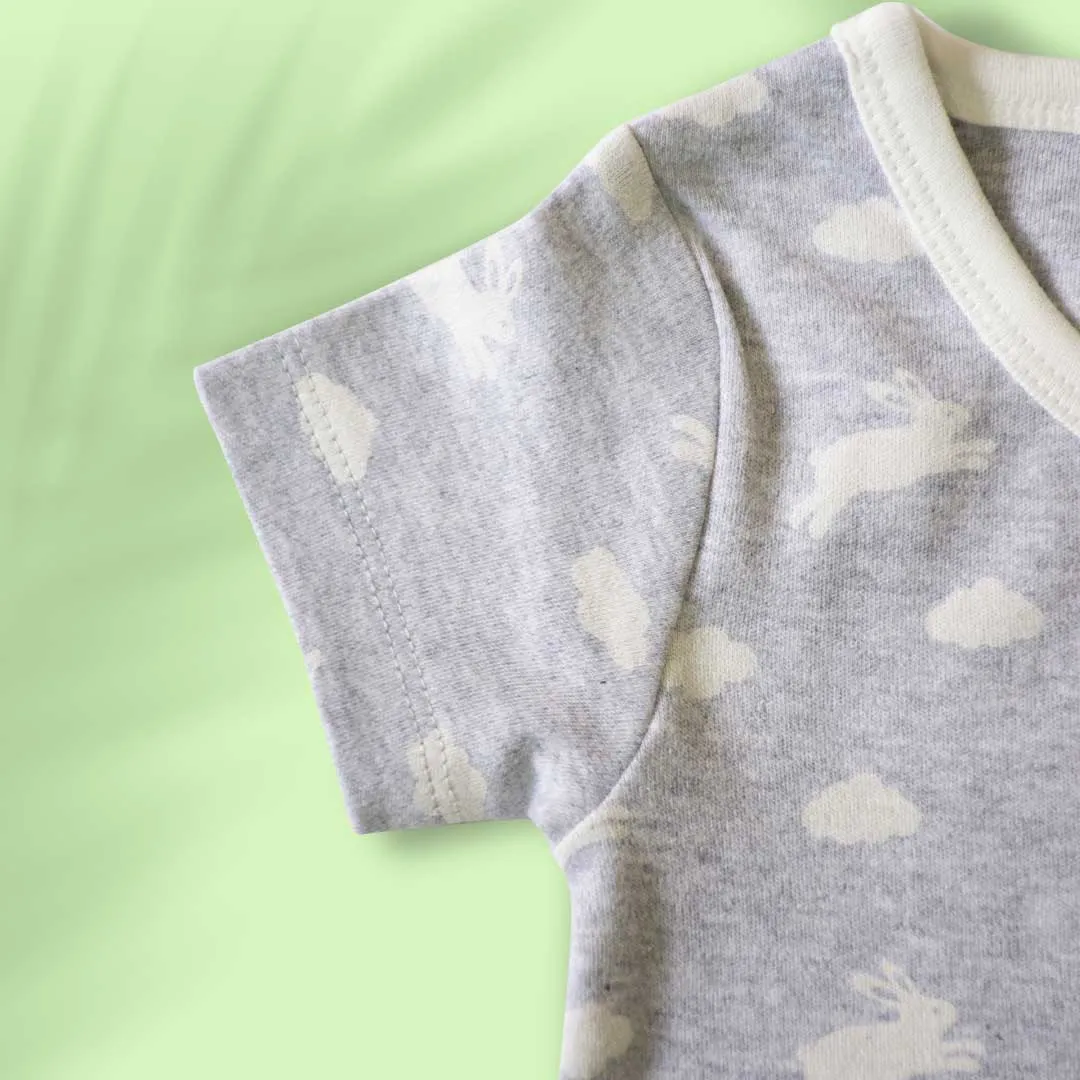 Body Suit / Onesie- Grey, Jumping Rabbit Half Sleeve - Premium Cotton