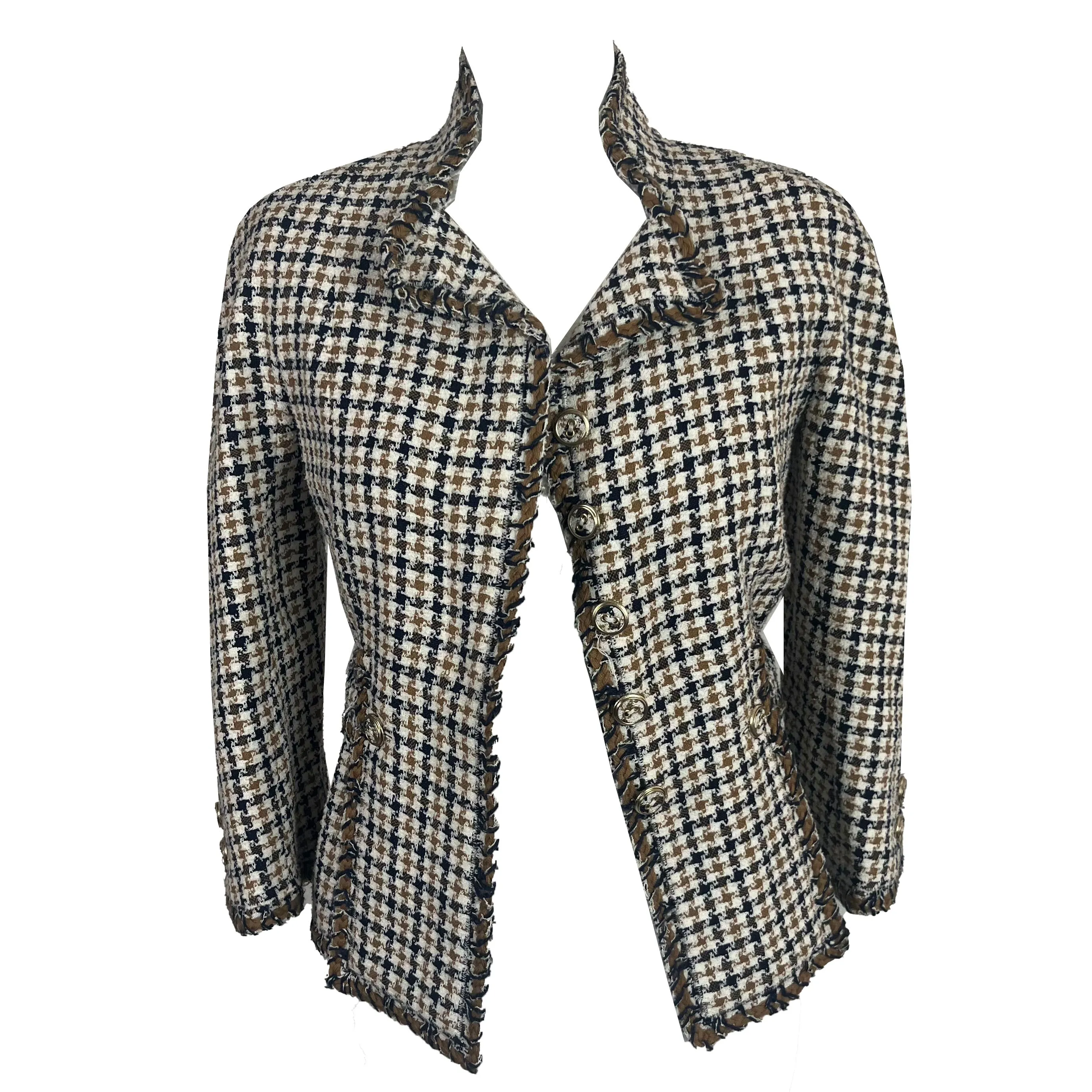 Chanel Ivory Camel & Black Check Jacket XXXS/XXS