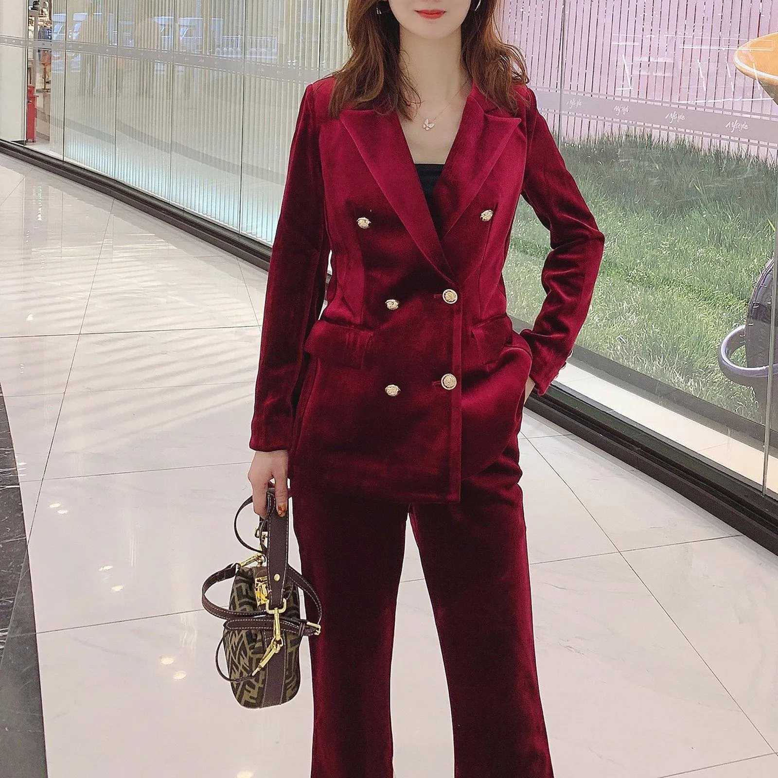 Chris Velvet Double Breasted Blazer & Flare Pants Suit Set