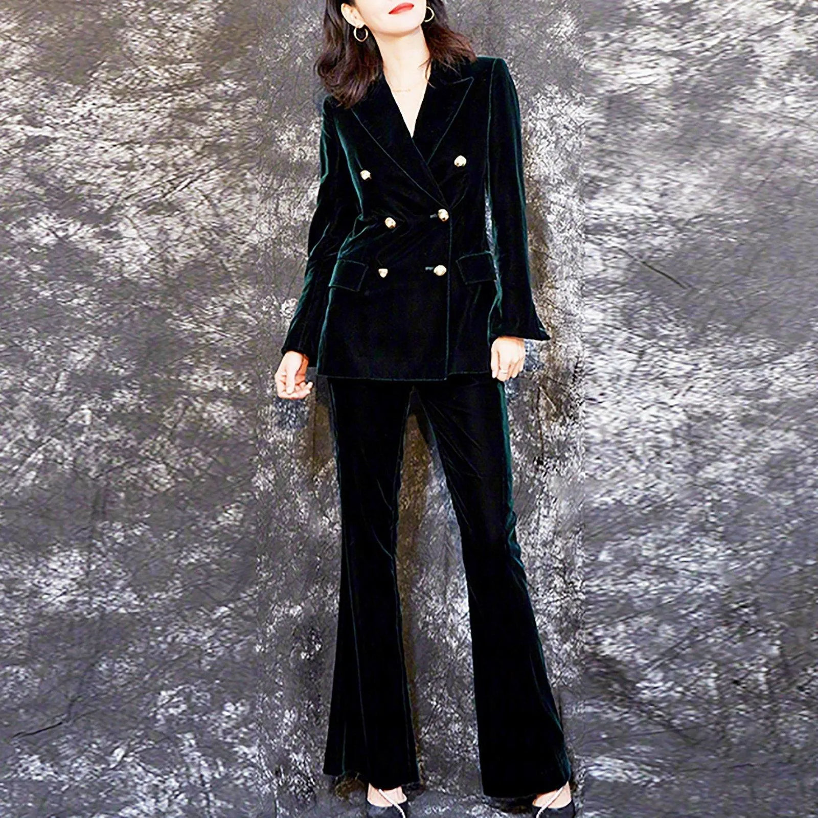 Chris Velvet Double Breasted Blazer & Flare Pants Suit Set