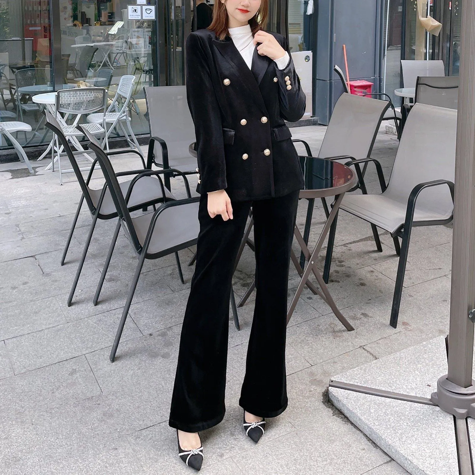 Chris Velvet Double Breasted Blazer & Flare Pants Suit Set