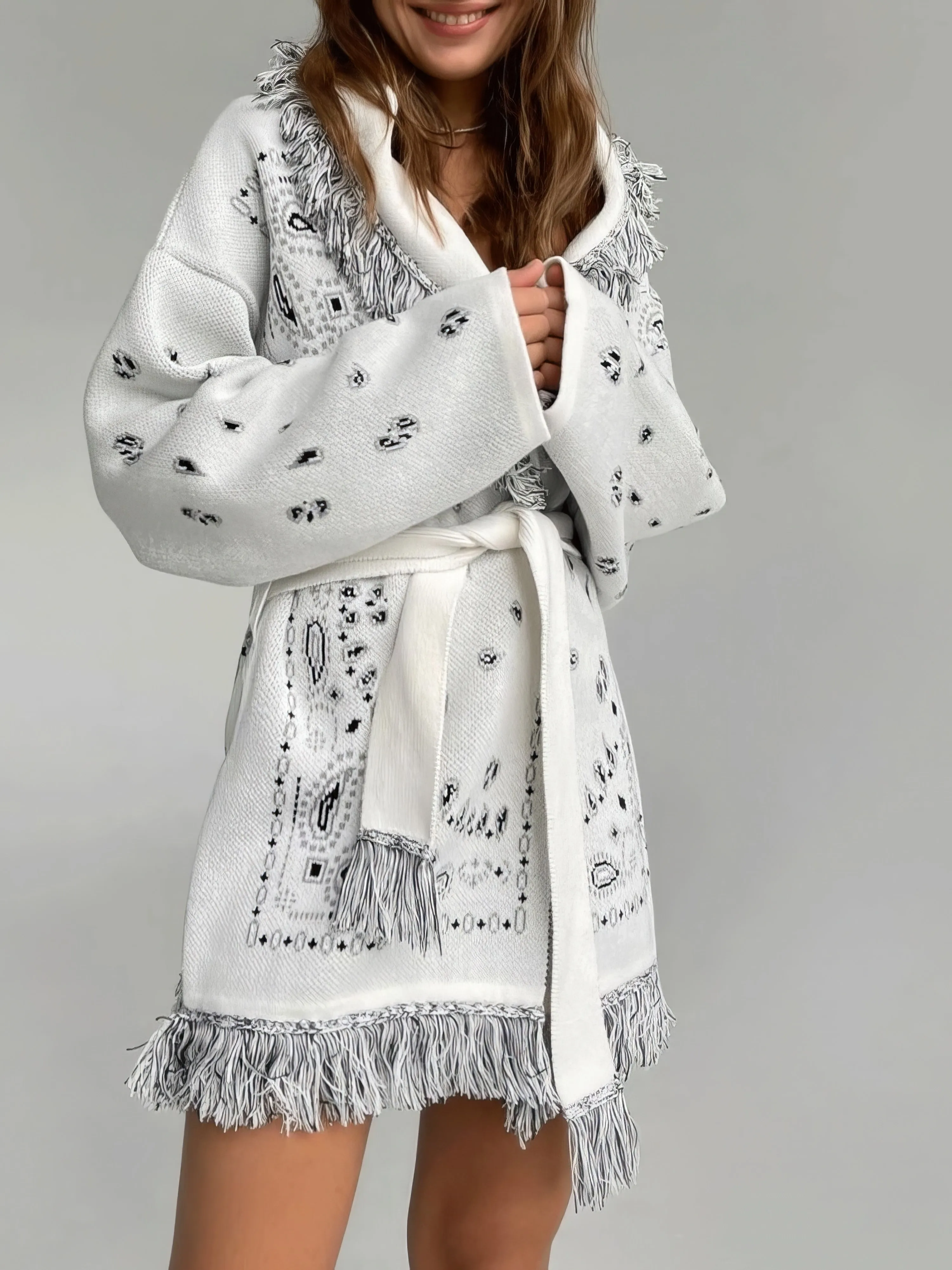 Coats Fashion Printed Fringed Belt Sweater Cardigan Coat for Women