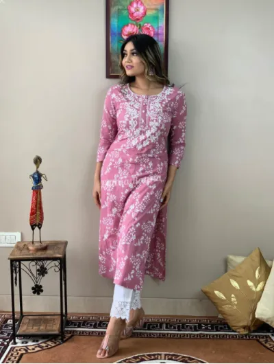 Cotton Chickankari KurtI Pant Set