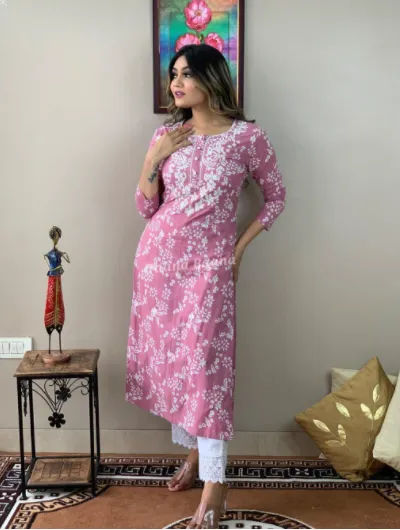 Cotton Chickankari KurtI Pant Set