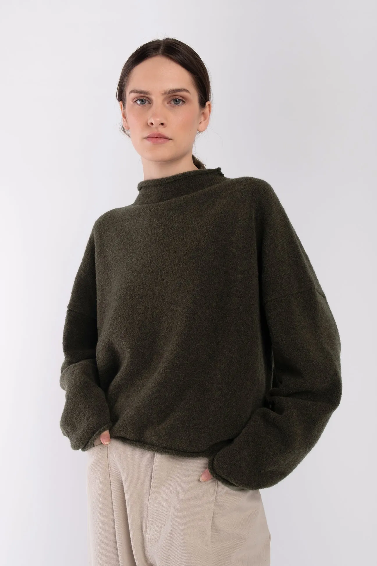 Dark Olive Boucle Rolled Sweater