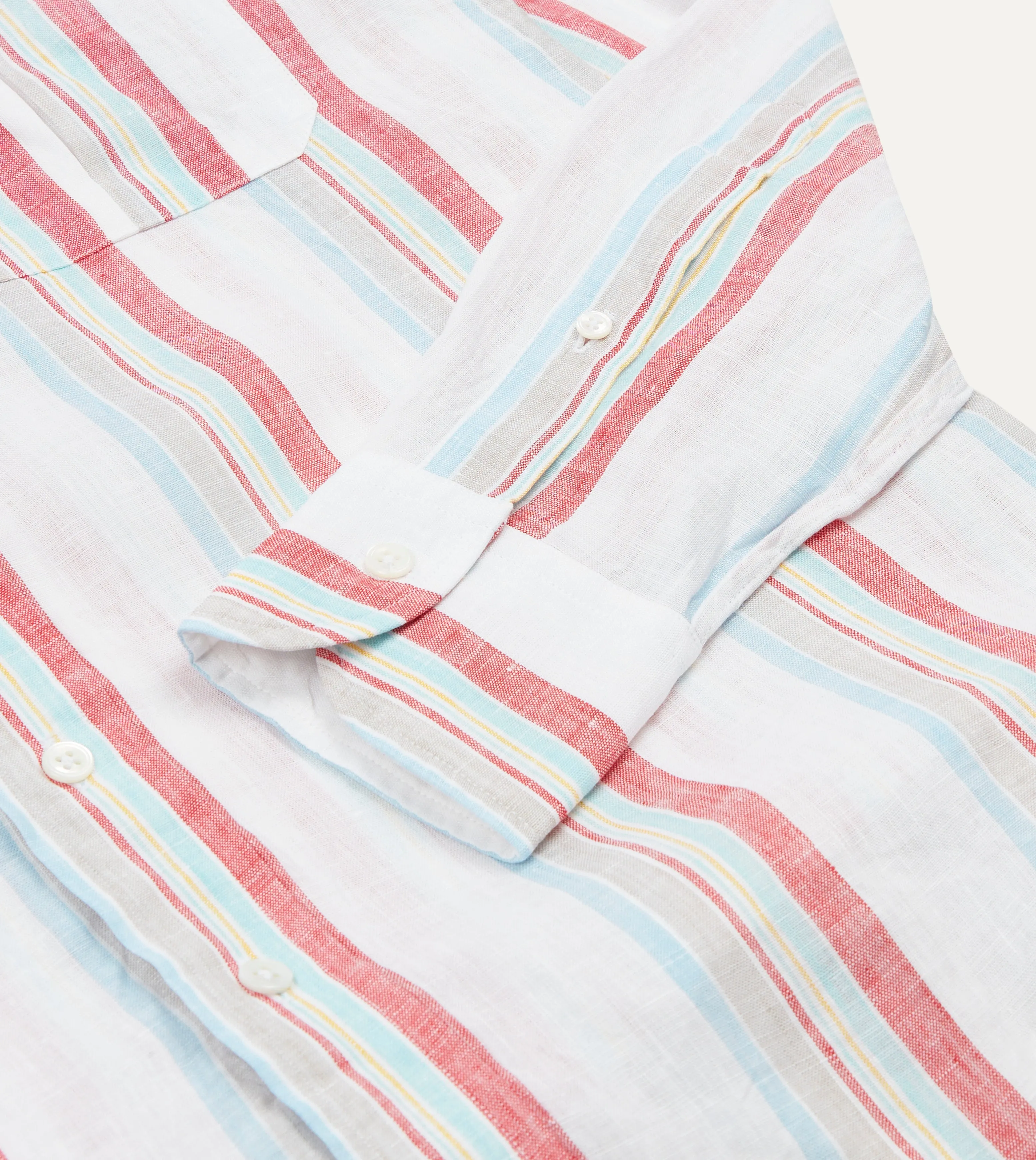 Ecru, Red and Blue Track Stripe Linen Spread Collar Shirt