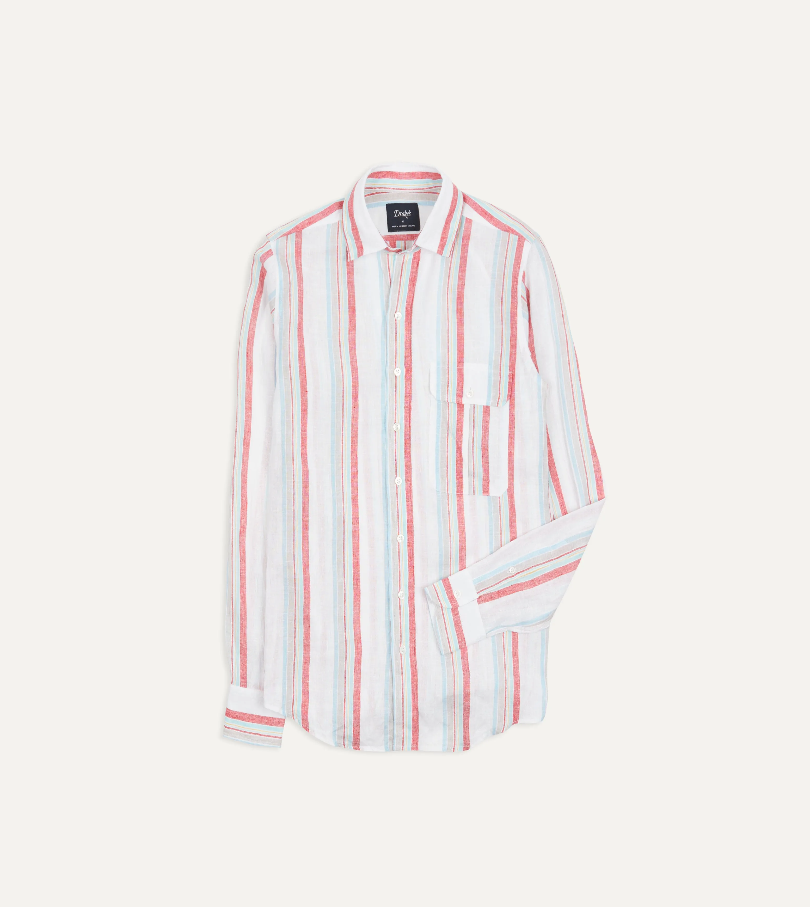 Ecru, Red and Blue Track Stripe Linen Spread Collar Shirt