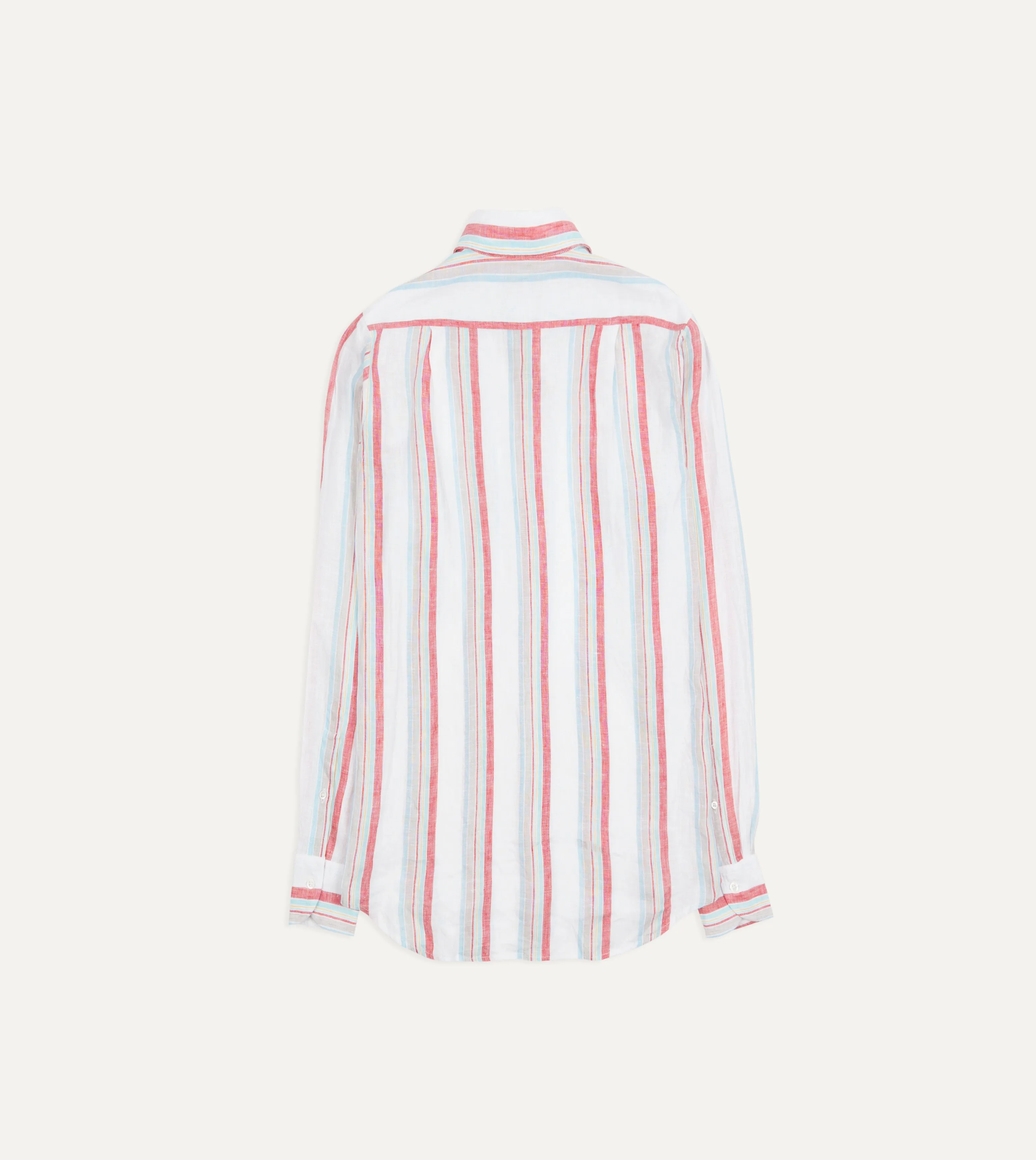 Ecru, Red and Blue Track Stripe Linen Spread Collar Shirt