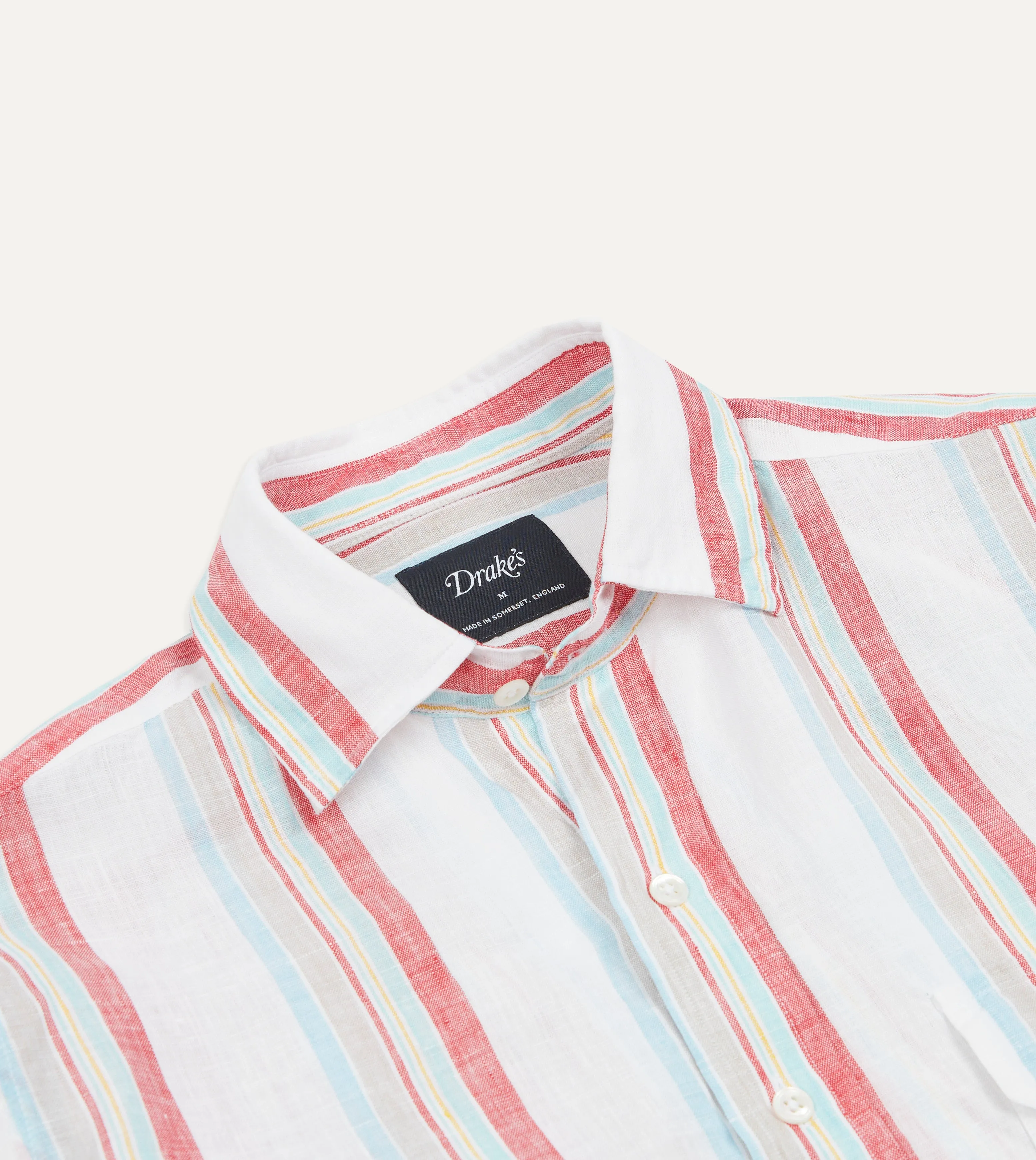 Ecru, Red and Blue Track Stripe Linen Spread Collar Shirt