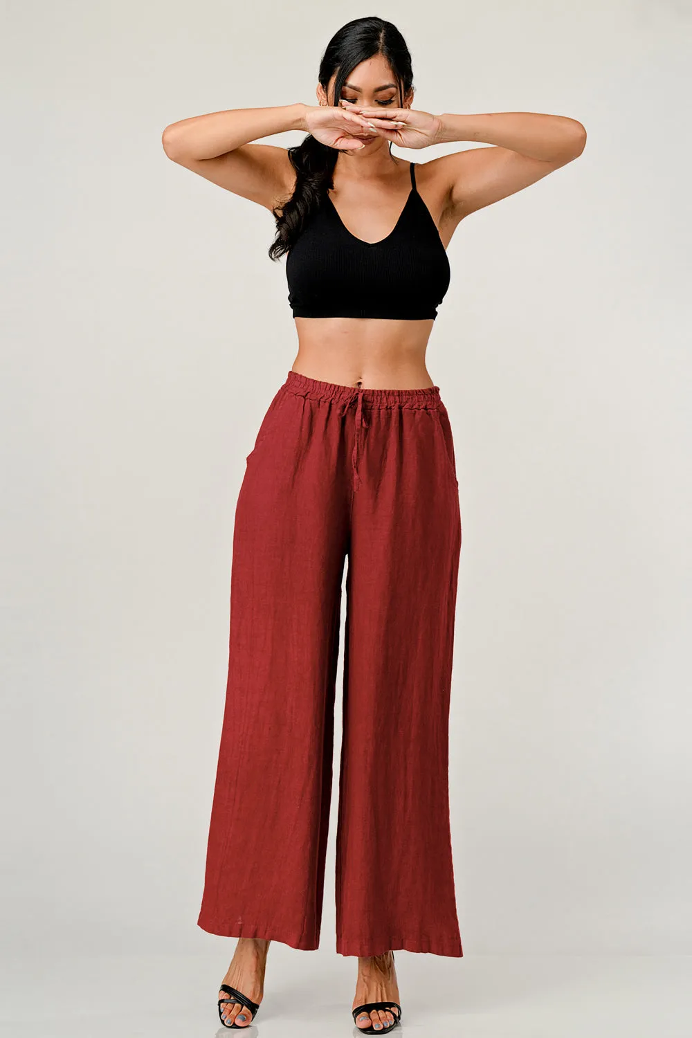 Elastic Waist Linen Pants w Pockets