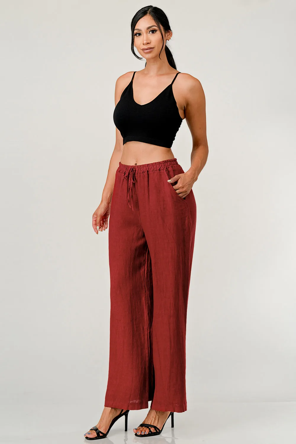 Elastic Waist Linen Pants w Pockets