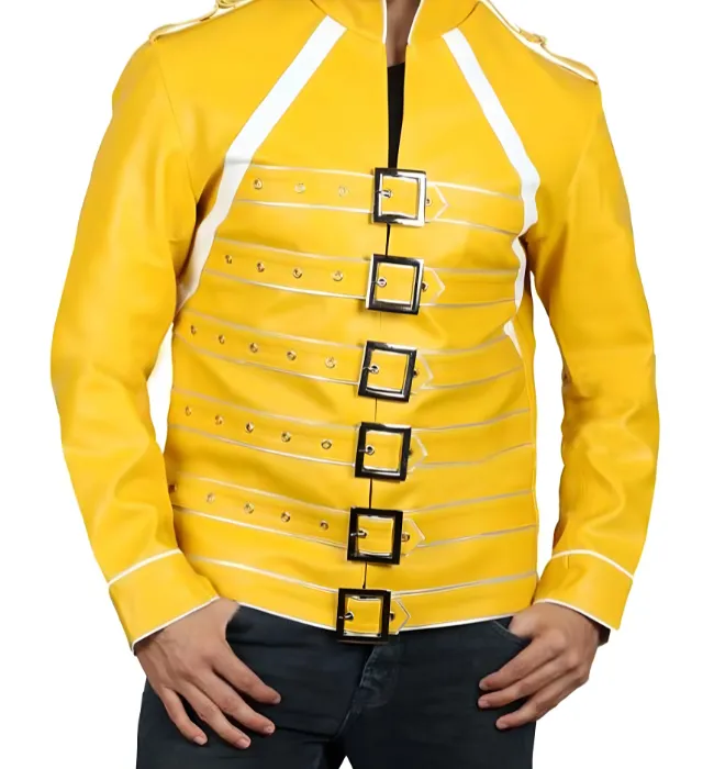 Freddie Mercury Wembley Concert Military Strap Queen Yellow Leather Biker Jacket