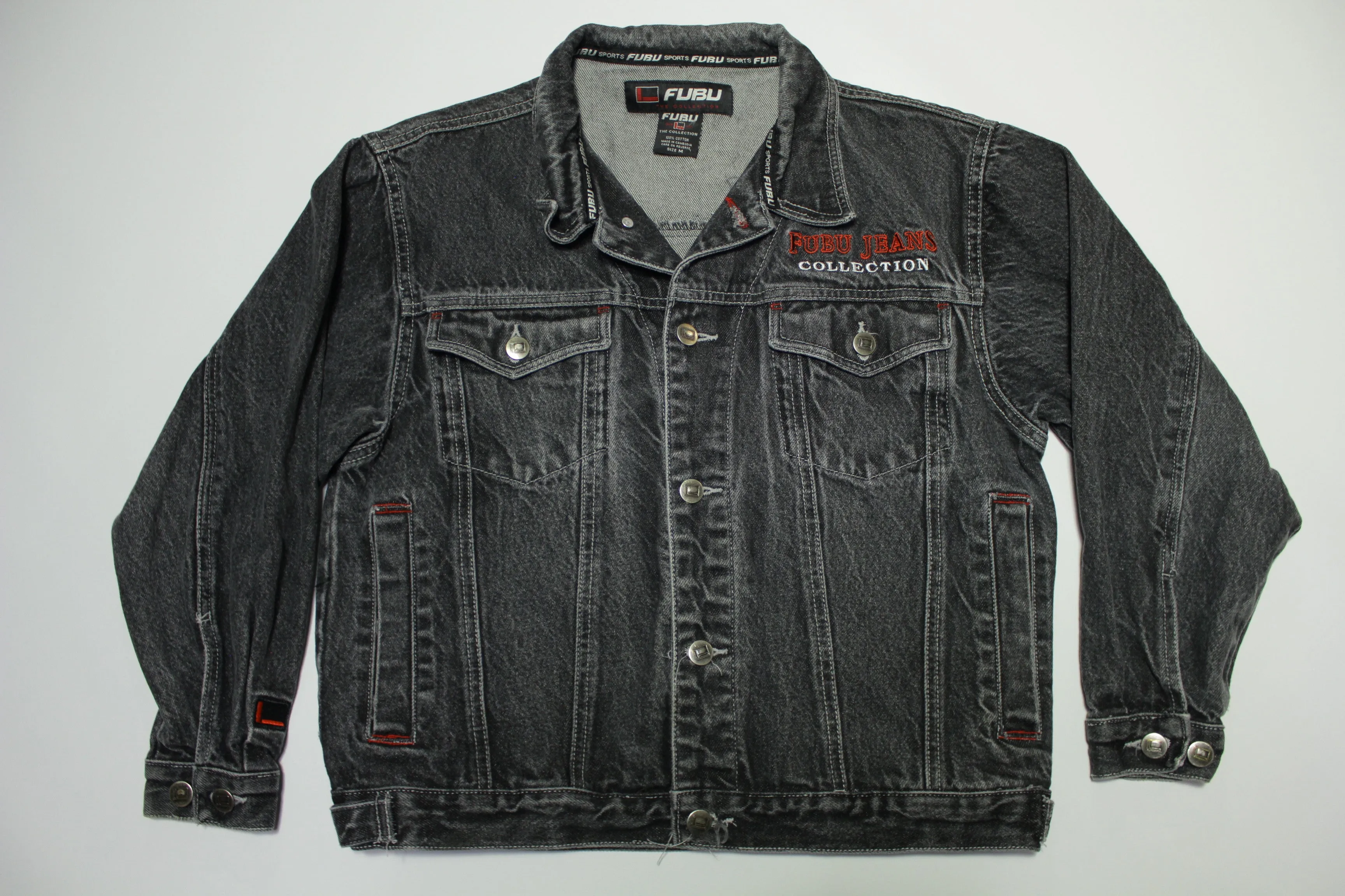 Fubu Sports The Collection Vintage 90's Y2K Black Embroidered Denim Jeans Jacket