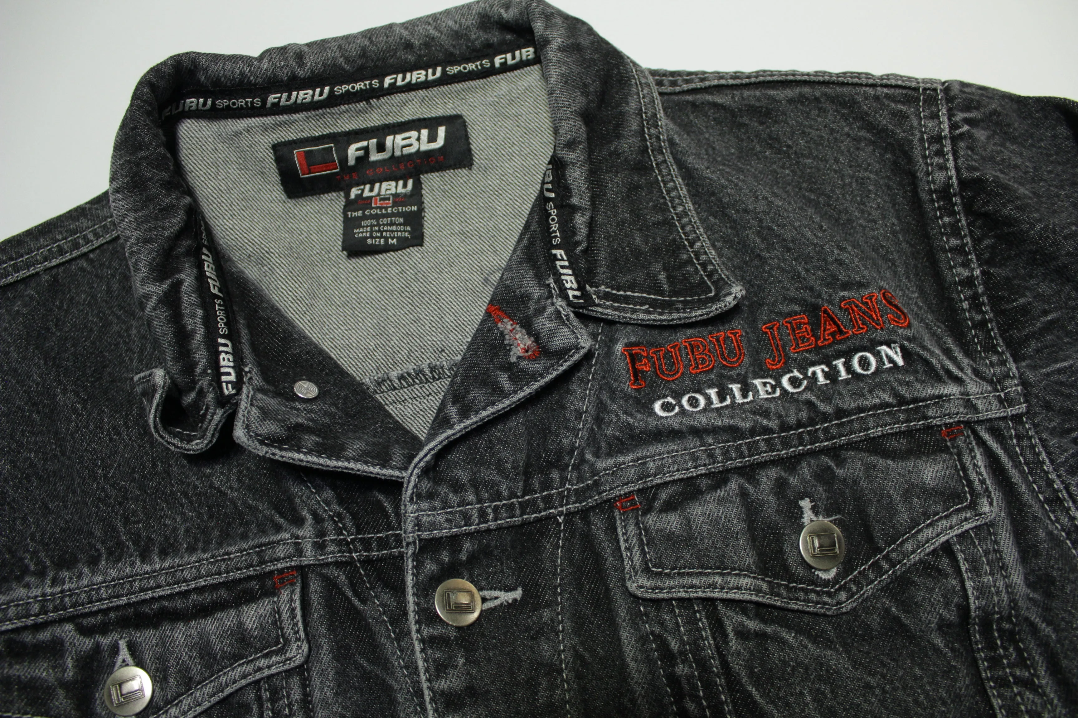 Fubu Sports The Collection Vintage 90's Y2K Black Embroidered Denim Jeans Jacket