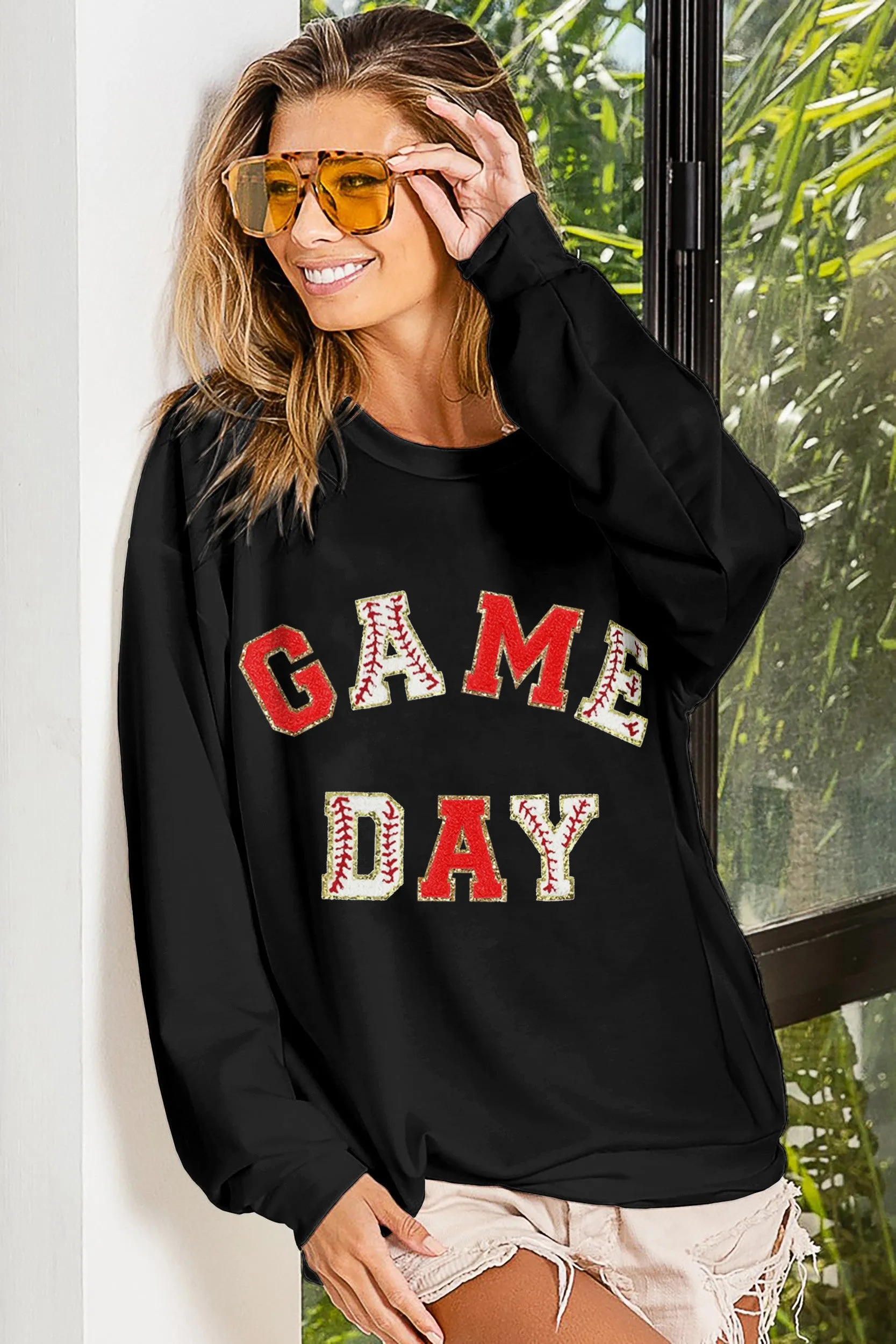 Game Day Baseball Chenille Patch Top  Black