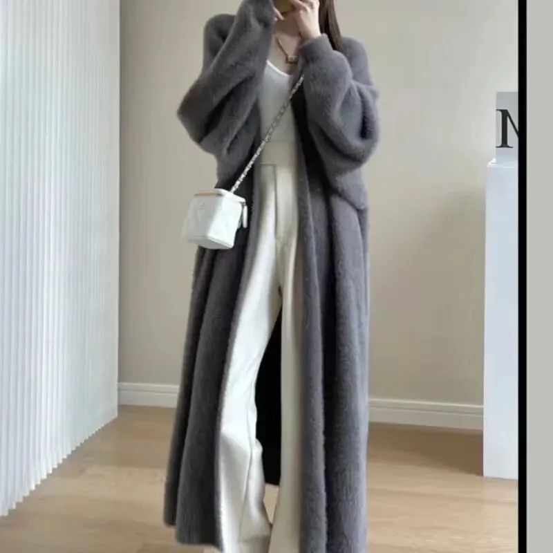 Getadme Imitation Mink Long Cardigan Women Casual Loose Soft Sweater Gilet Elegant Fall Winter Fluffy Knitwear Jackets Warm Knit