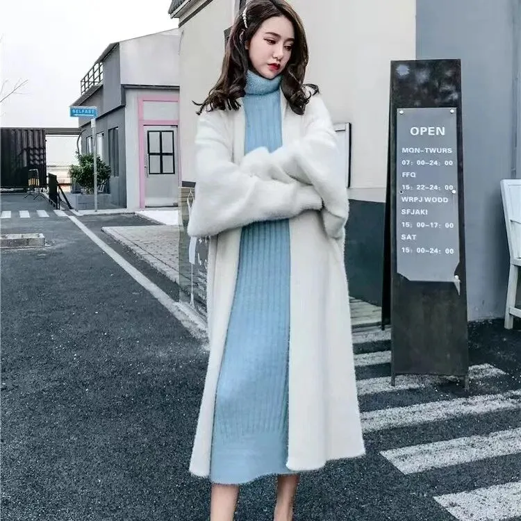 Getadme Imitation Mink Long Cardigan Women Casual Loose Soft Sweater Gilet Elegant Fall Winter Fluffy Knitwear Jackets Warm Knit