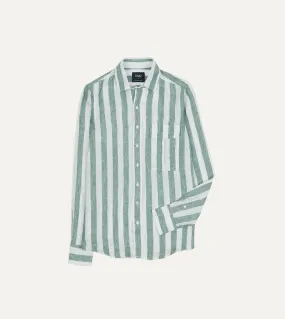 Green and White Broad Stripe Linen Spread Collar Shirt