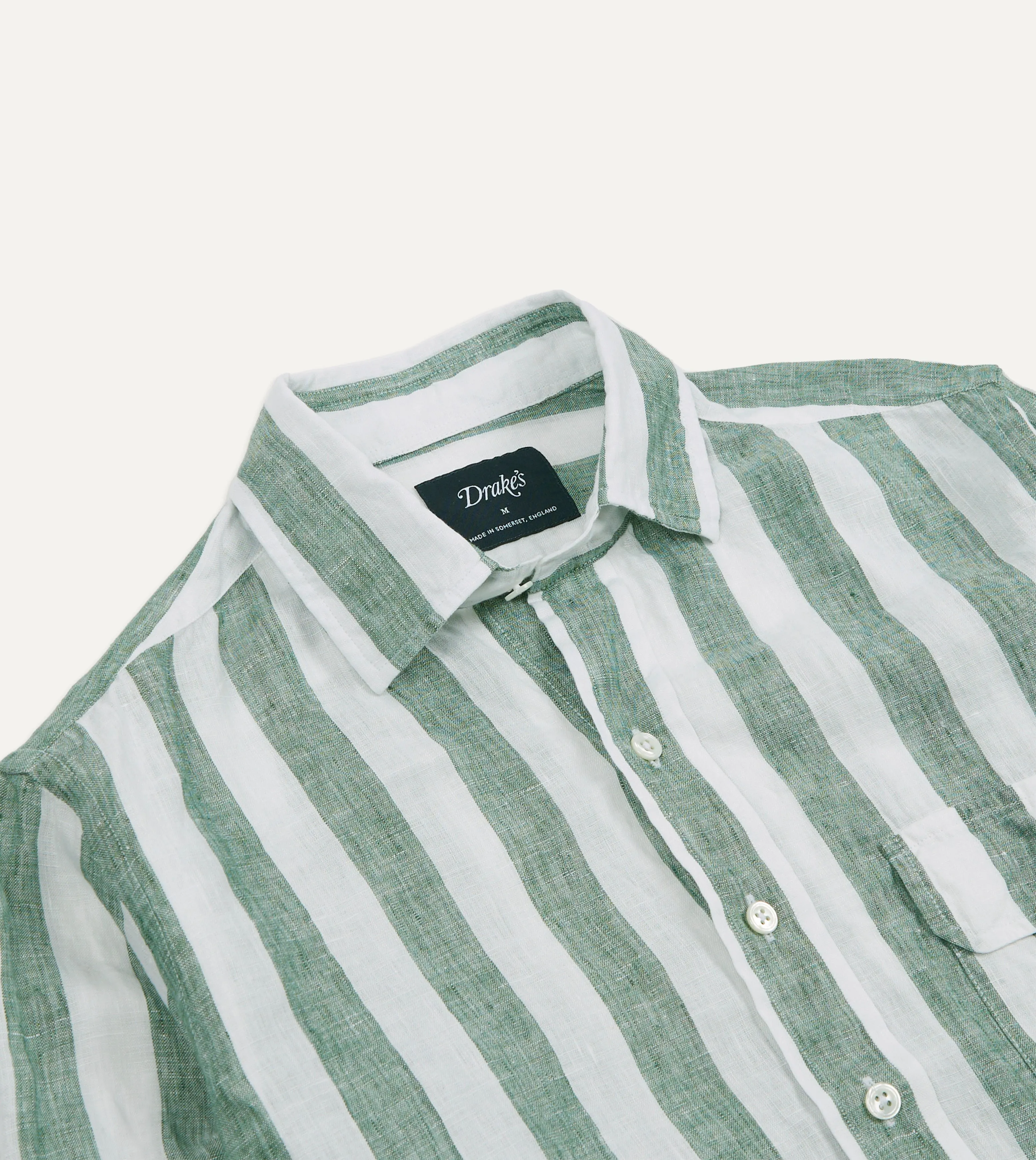 Green and White Broad Stripe Linen Spread Collar Shirt