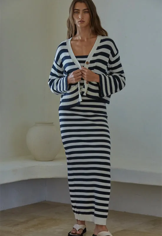 Knit Long Sleeve Striped Cardi Sweater - Navy Ivory