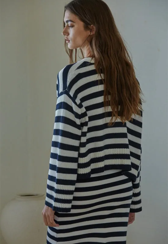 Knit Long Sleeve Striped Cardi Sweater - Navy Ivory