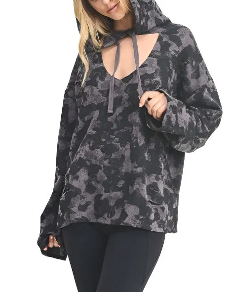 Mono B Camo Print Laser Distressed Hoodie KT10821