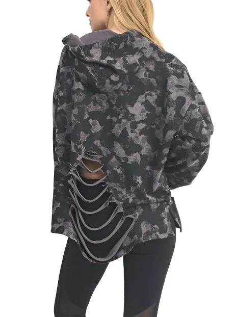 Mono B Camo Print Laser Distressed Hoodie KT10821