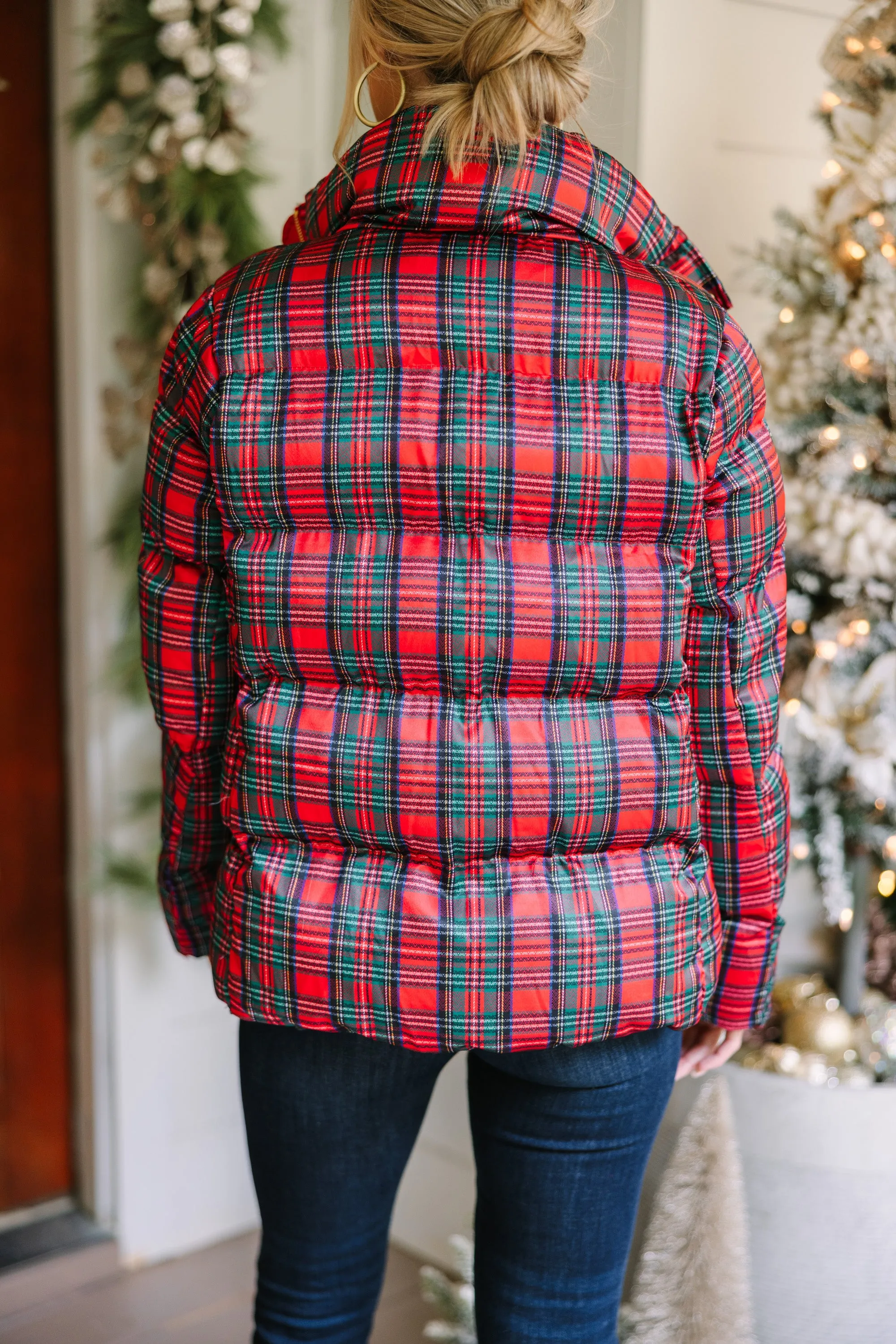 Cozy Red Tartan Plaid Puffer Jacket for Ultimate Warmth and Style