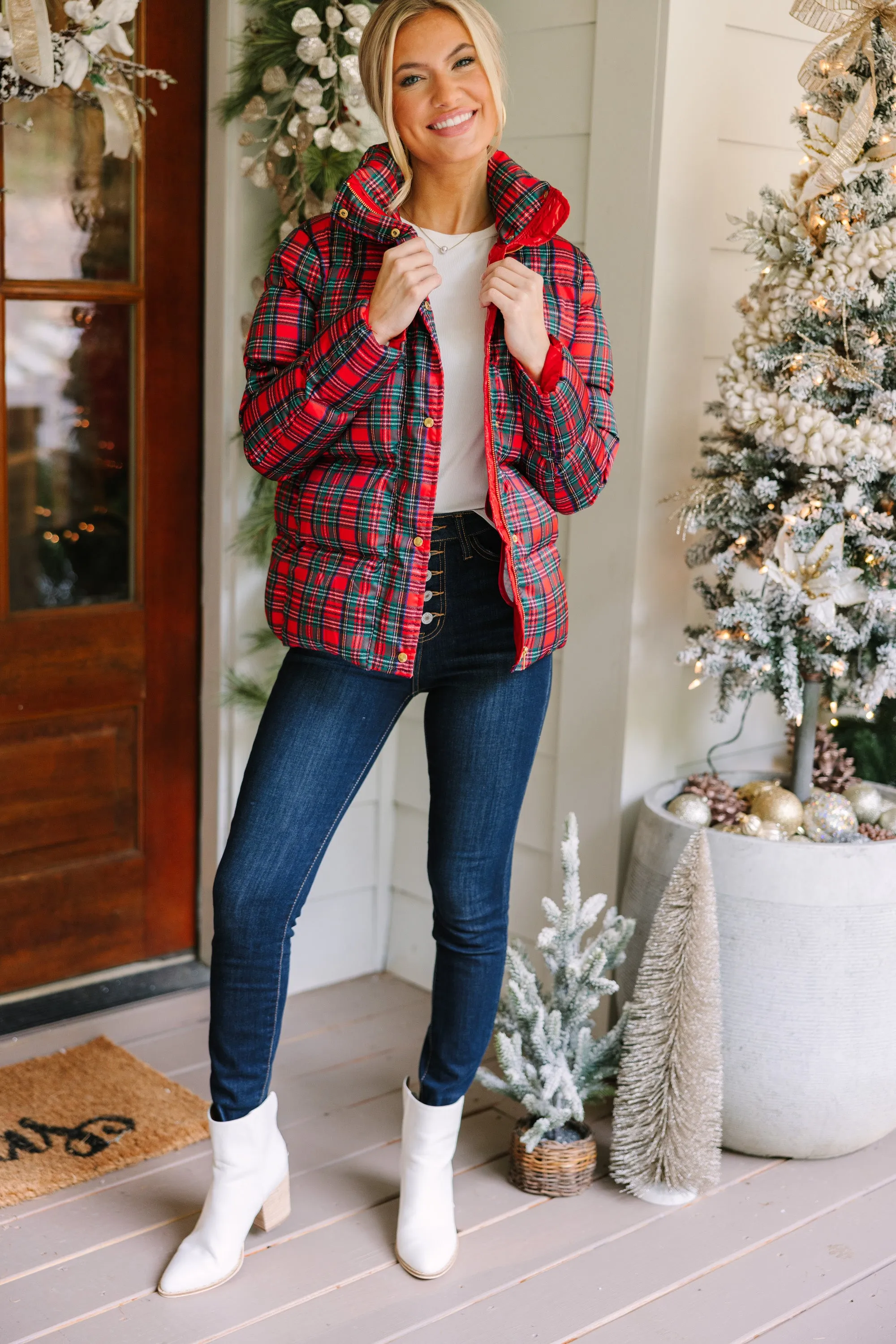 Cozy Red Tartan Plaid Puffer Jacket for Ultimate Warmth and Style