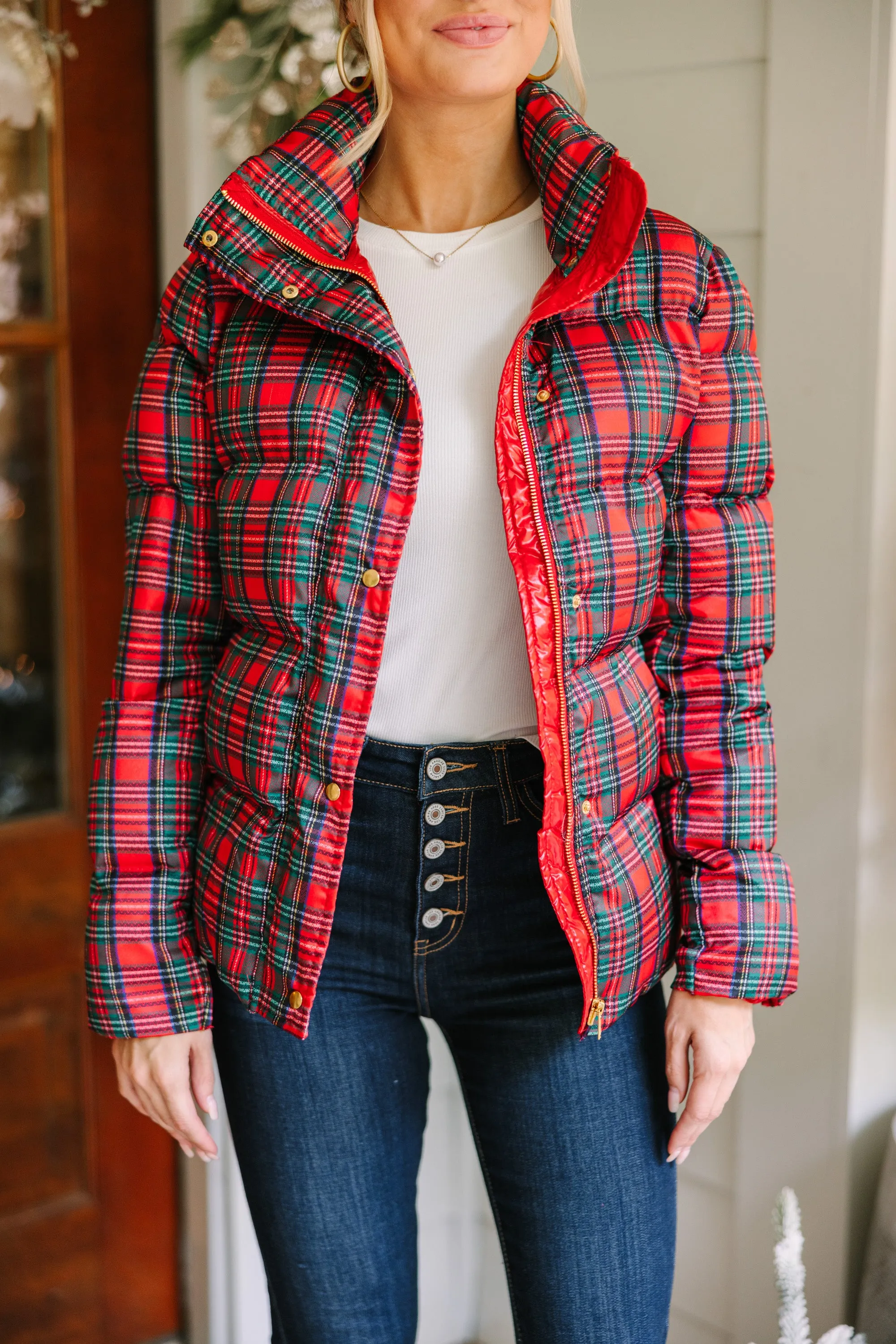 Cozy Red Tartan Plaid Puffer Jacket for Ultimate Warmth and Style