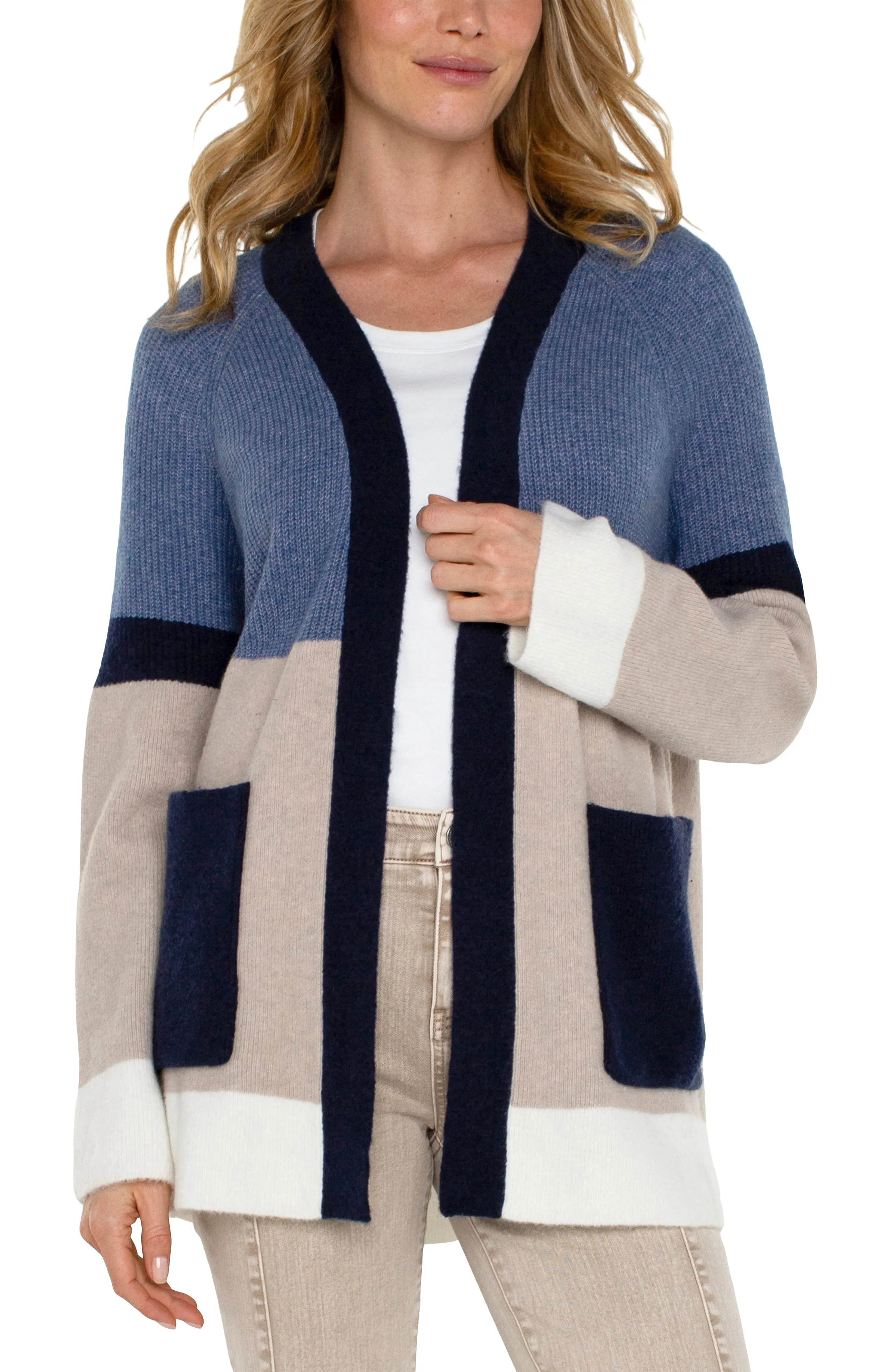 OPEN FRONT COLOR BLOCK CARDIGAN