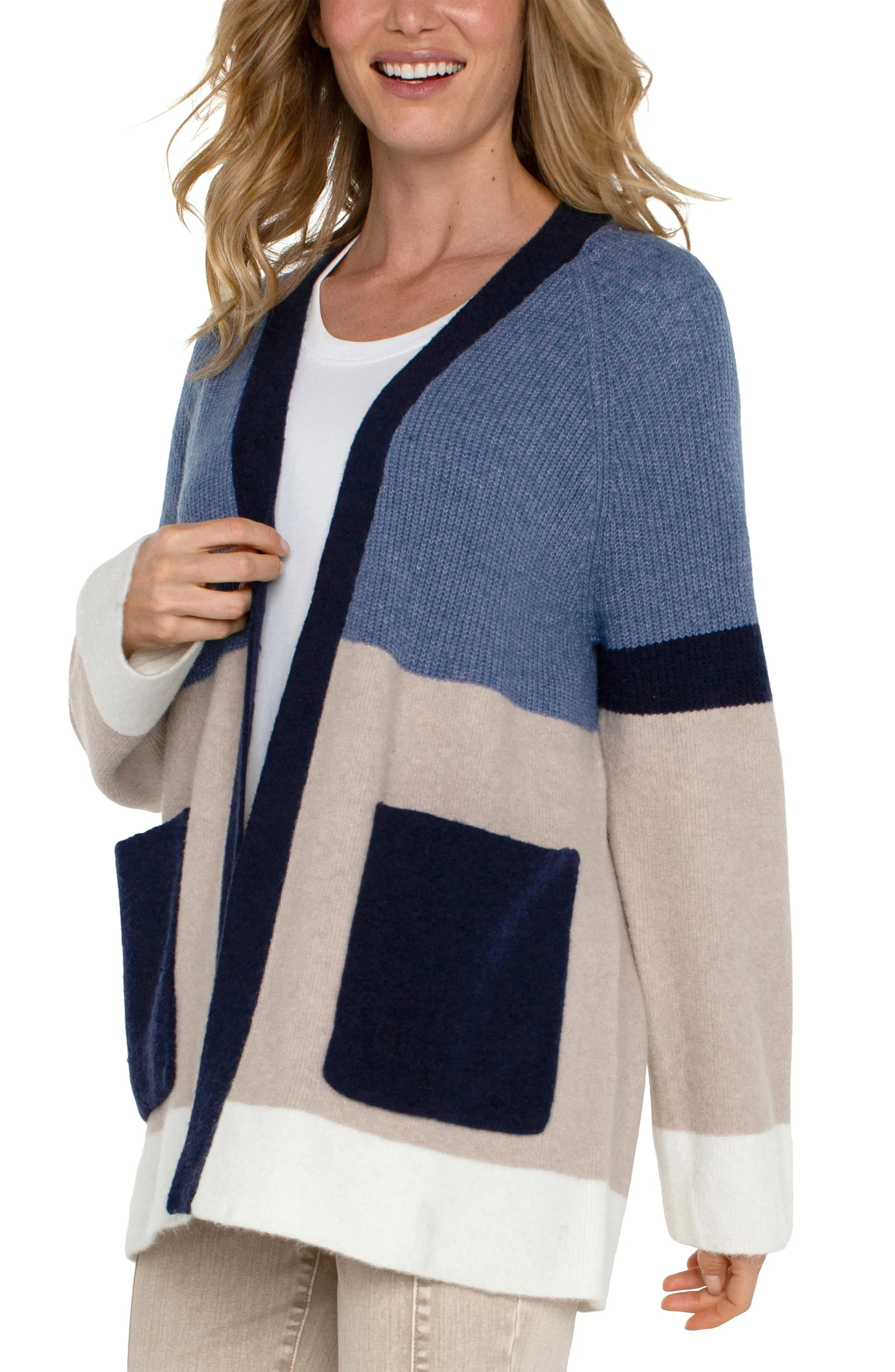 OPEN FRONT COLOR BLOCK CARDIGAN