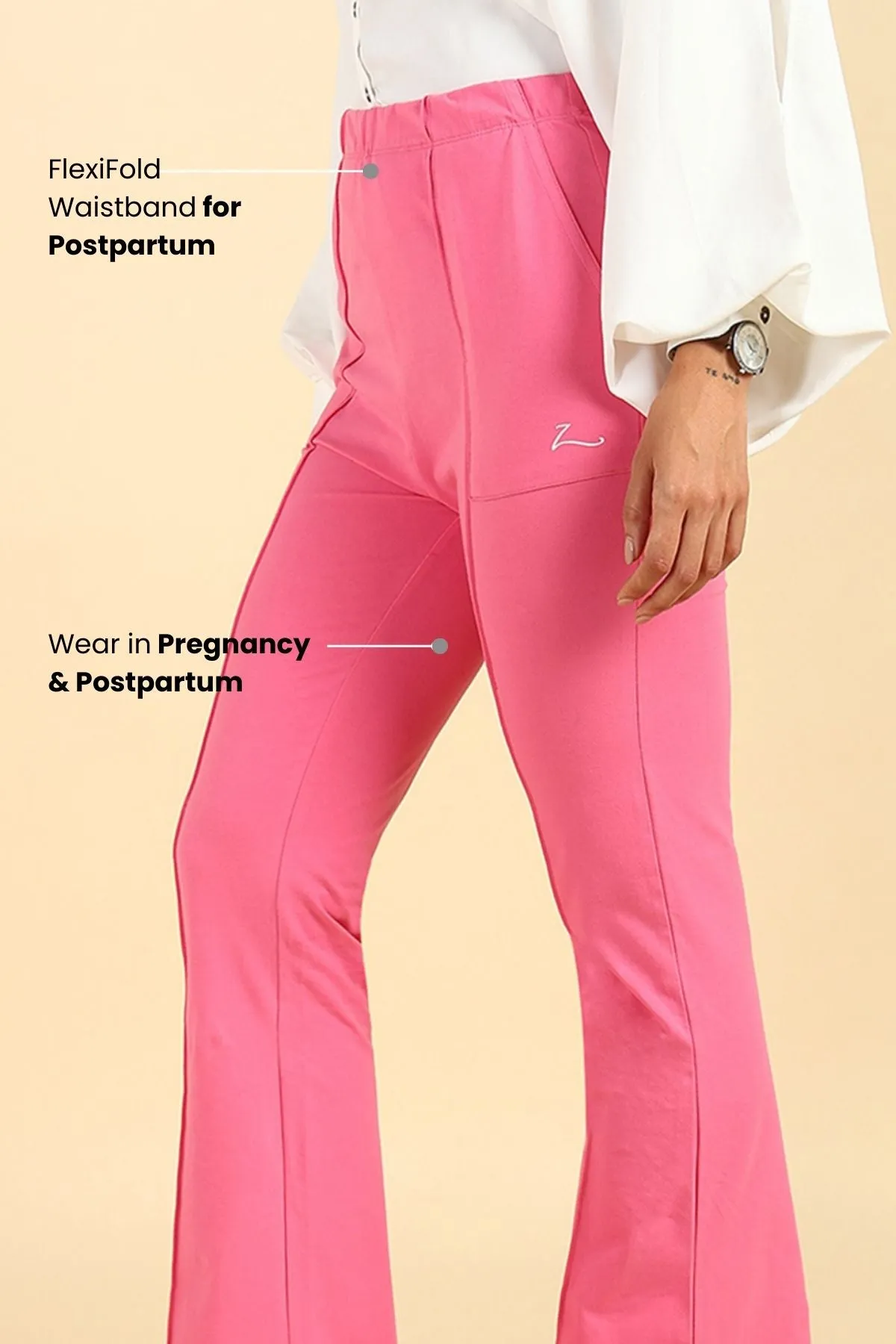 Pleated Cotton Pink Maternity Pants (Pregnancy & Postpartum)