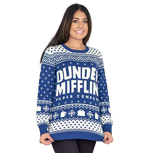 Ripple Junction The Office Dunder Mifflin Blue Ugly Christmas Sweater (Small)