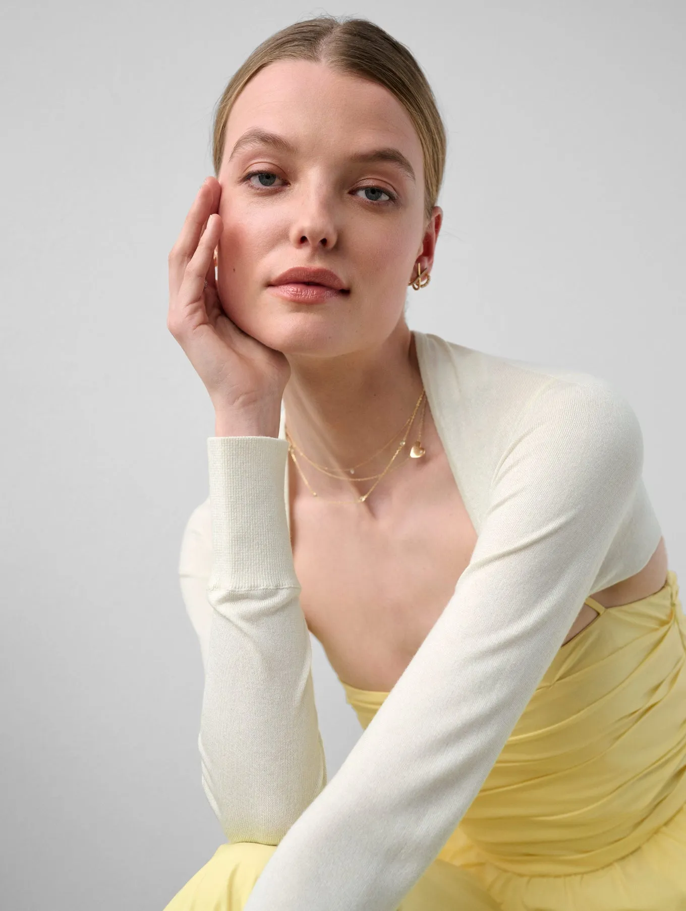 Silk Cashmere Rib Trim Shrug in Ivory