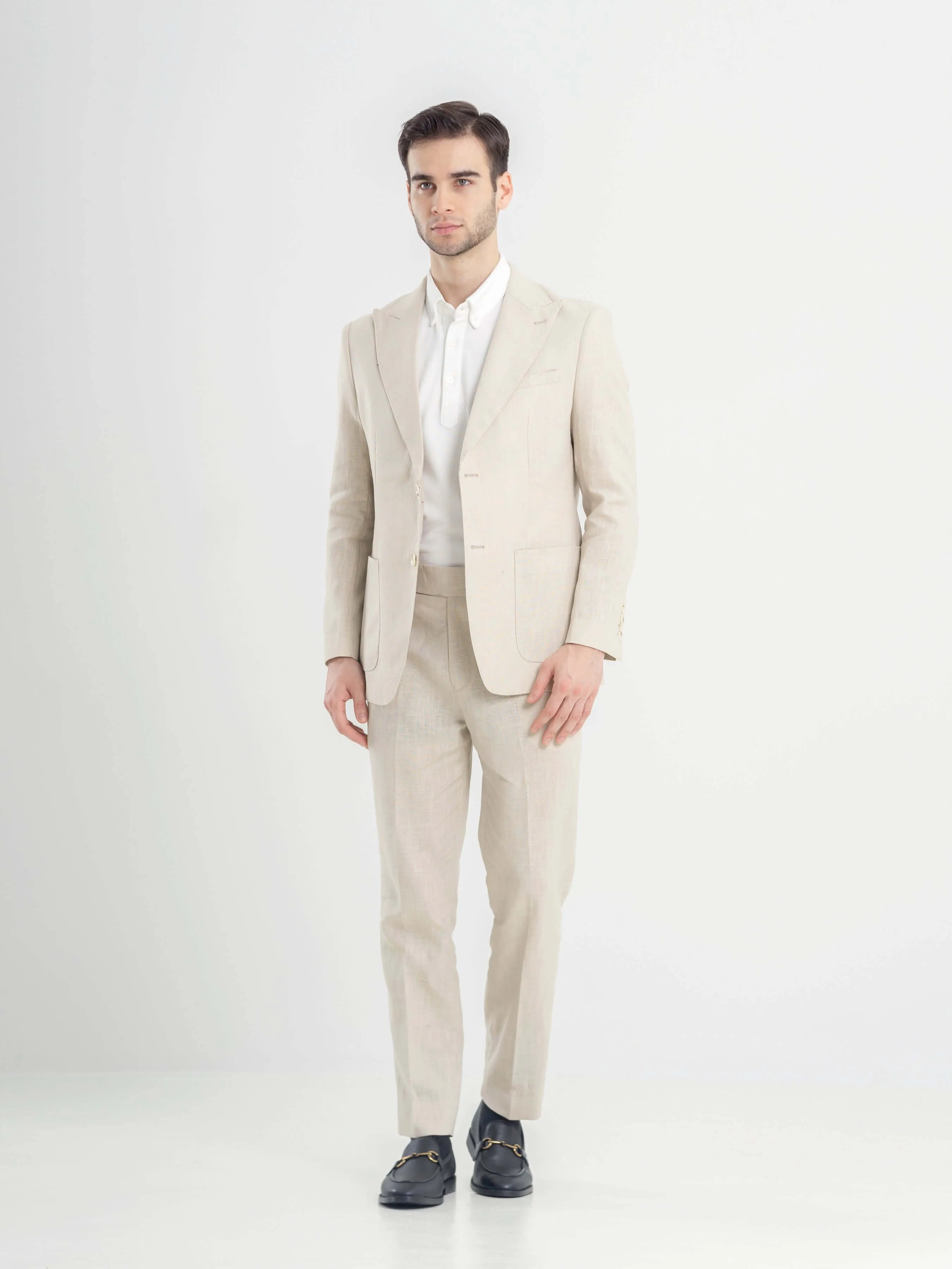 Single Breasted Suit Blazer - Linen Cream Plain (Peak Lapel)