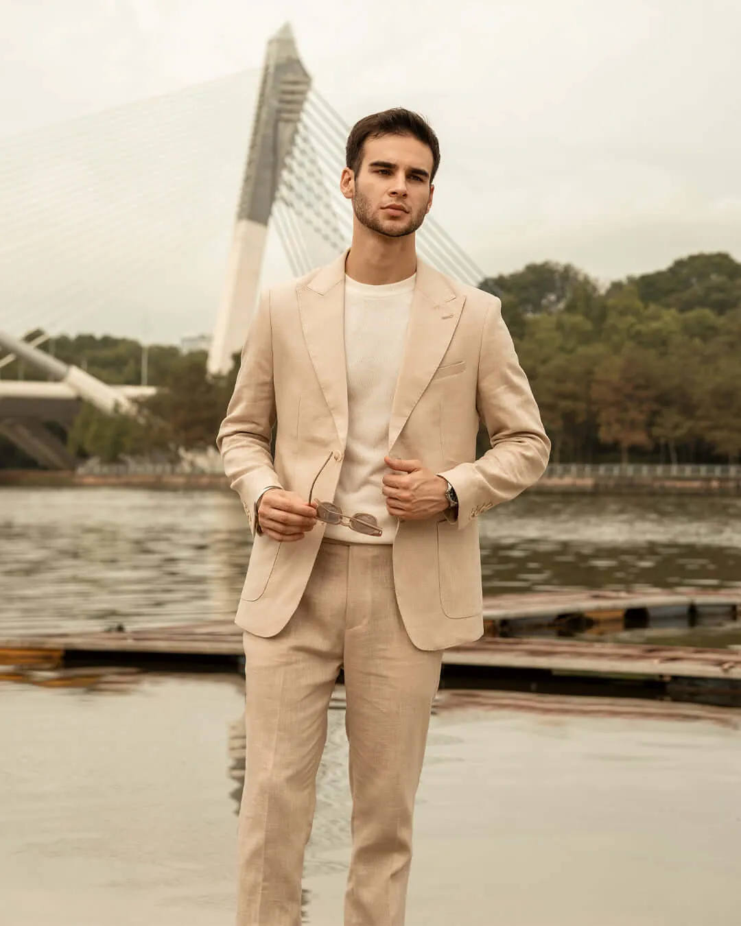 Single Breasted Suit Blazer - Linen Cream Plain (Peak Lapel)