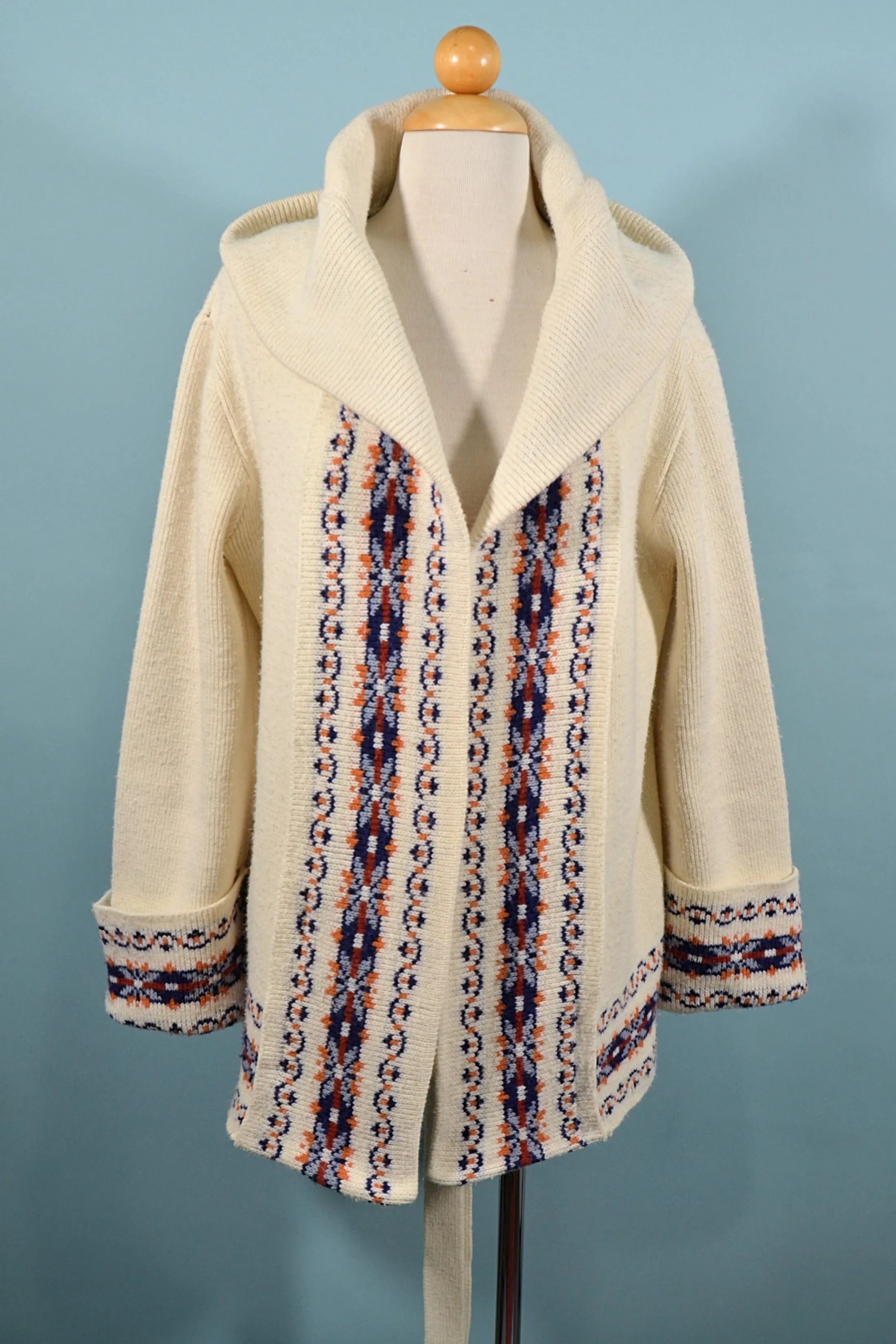 SOLD Vintage 70s Hooded Cardigan with Nordic Scandinavian Trim