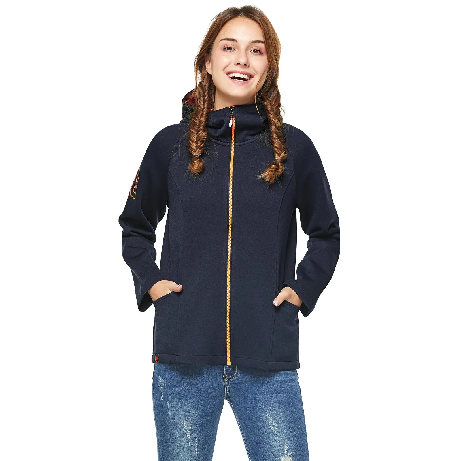 Women Navy Blue Knit Bonded French Terry Jacket